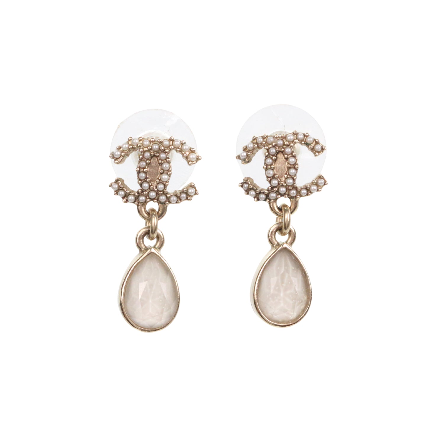 CHANEL Gold Tone Pearl CC Teardrop Earrings [Used]