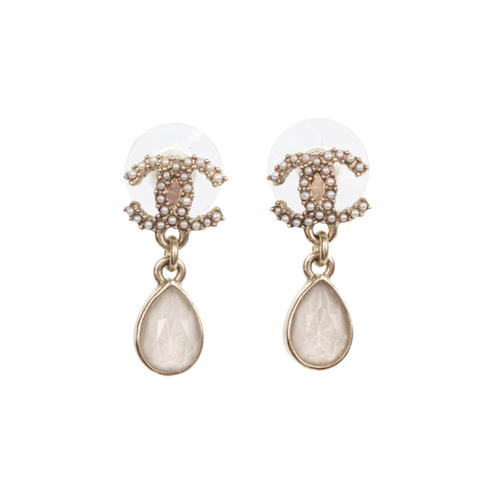 CHANEL Gold Tone Pearl CC Teardrop Earrings [Used]