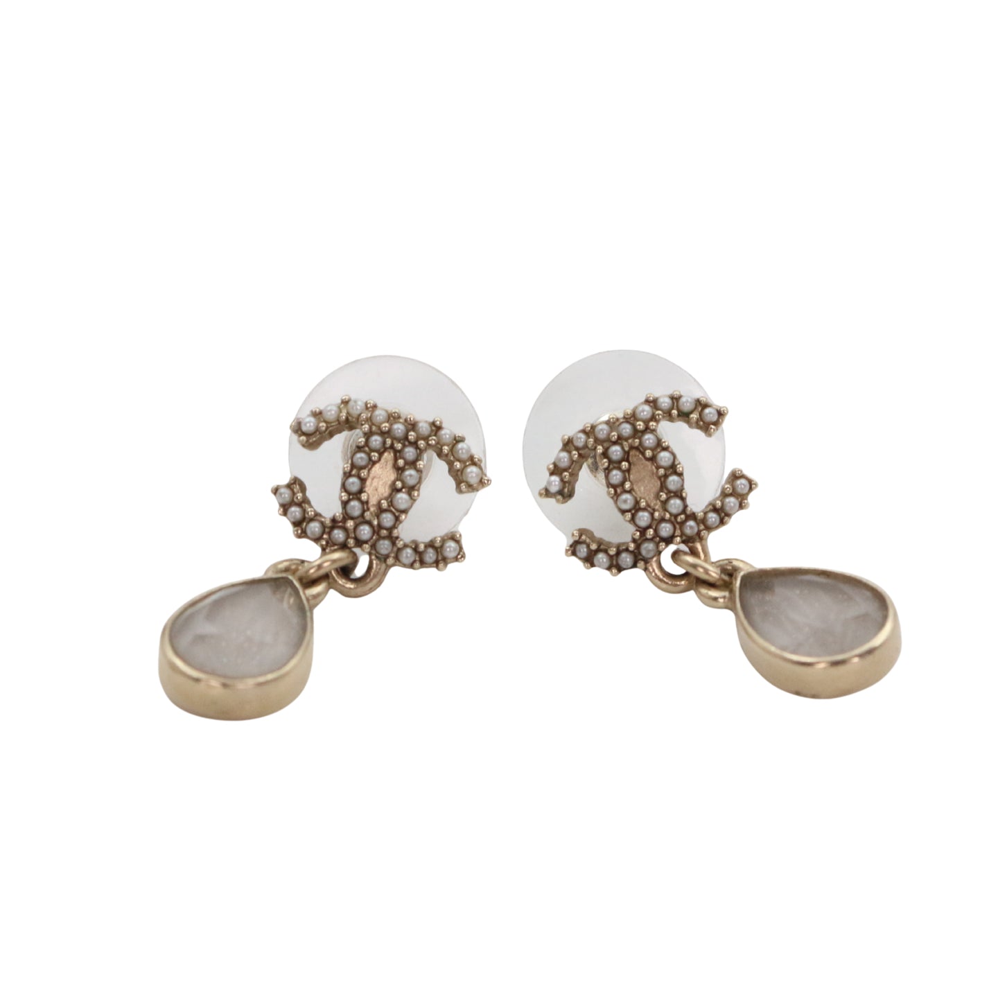CHANEL Gold Tone Pearl CC Teardrop Earrings [Used]