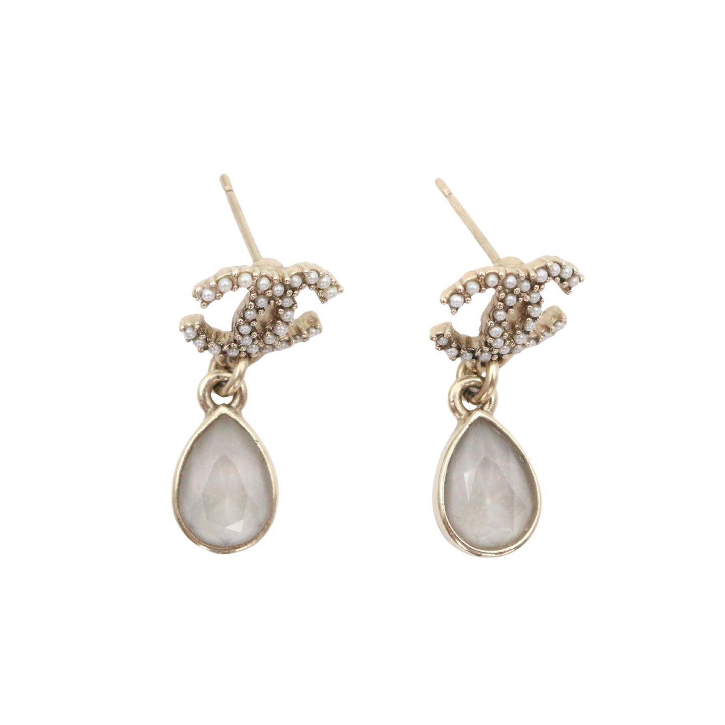 CHANEL Gold Tone Pearl CC Teardrop Earrings [Used]