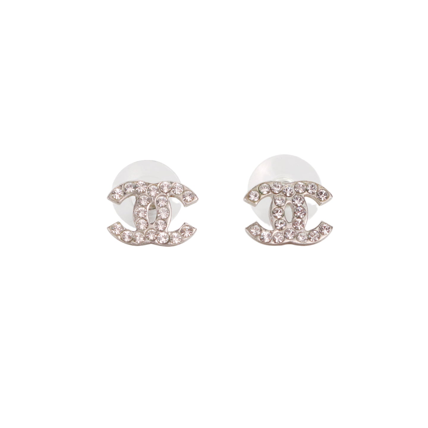 CHANEL Silver Tone Rhinestone CC Earrings [Used]
