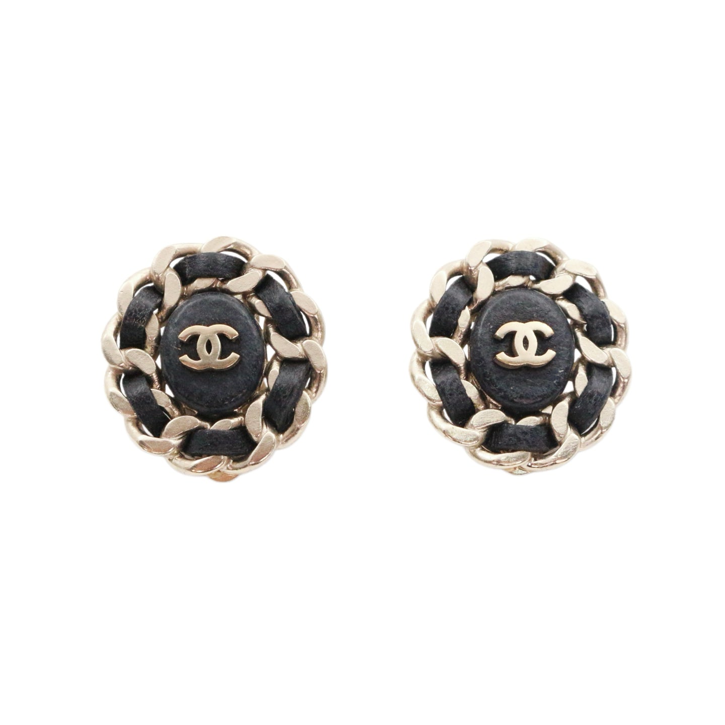 CHANEL Black & Gold Leather-Woven CC Oval Clip-On Earrings [Used]
