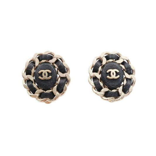 CHANEL Black & Gold Leather-Woven CC Oval Clip-On Earrings [Used]