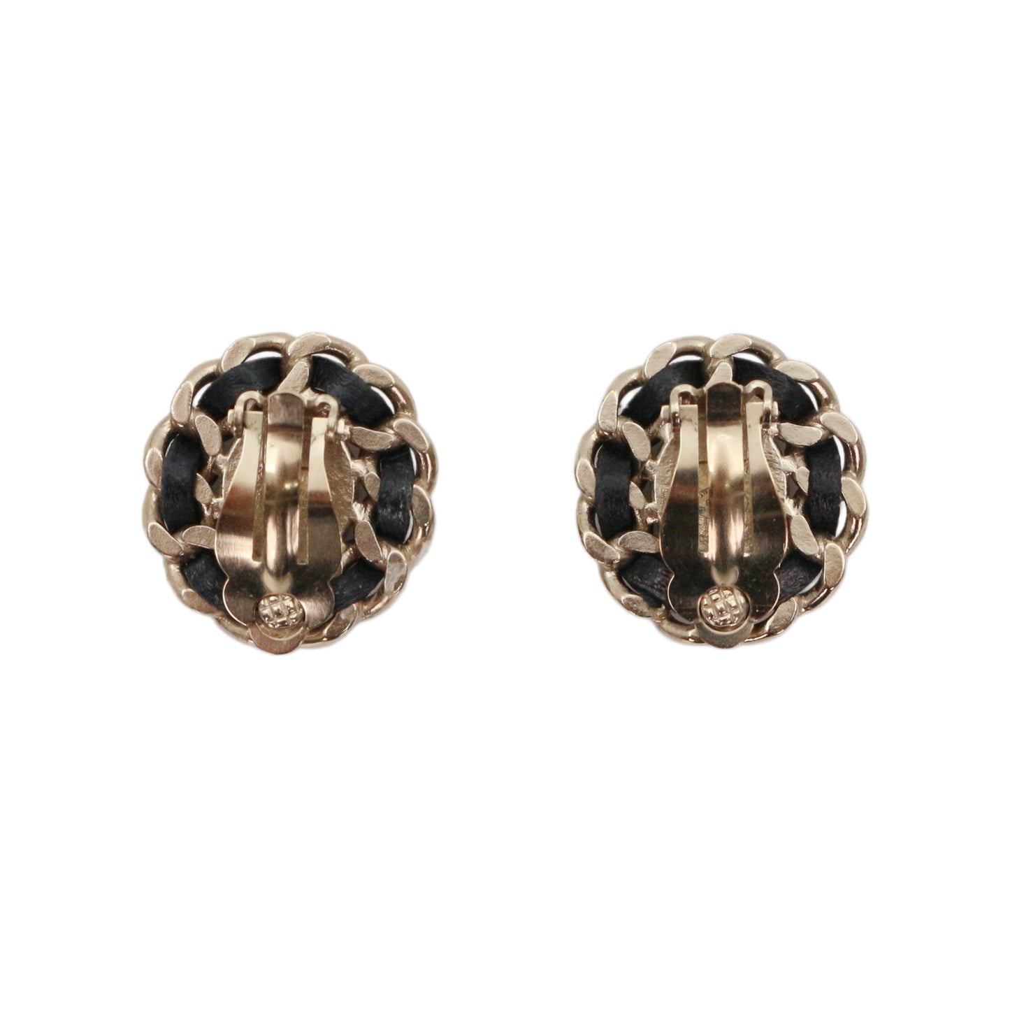 CHANEL Black & Gold Leather-Woven CC Oval Clip-On Earrings [Used]