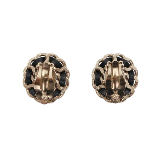 CHANEL Black & Gold Leather-Woven CC Oval Clip-On Earrings [Used]