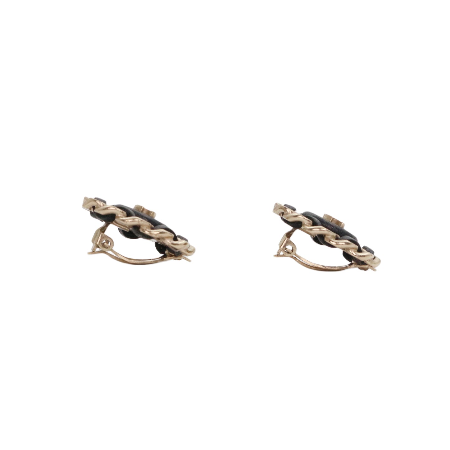 CHANEL Black & Gold Leather-Woven CC Oval Clip-On Earrings [Used]