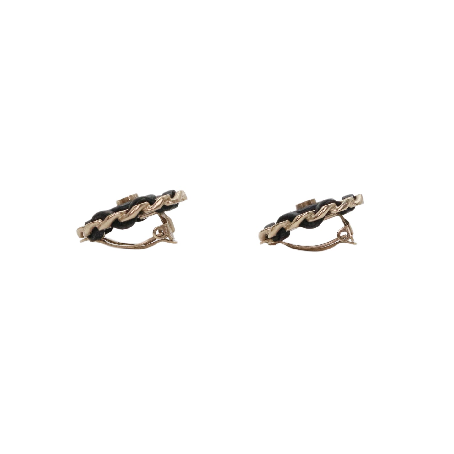 CHANEL Black & Gold Leather-Woven CC Oval Clip-On Earrings [Used]