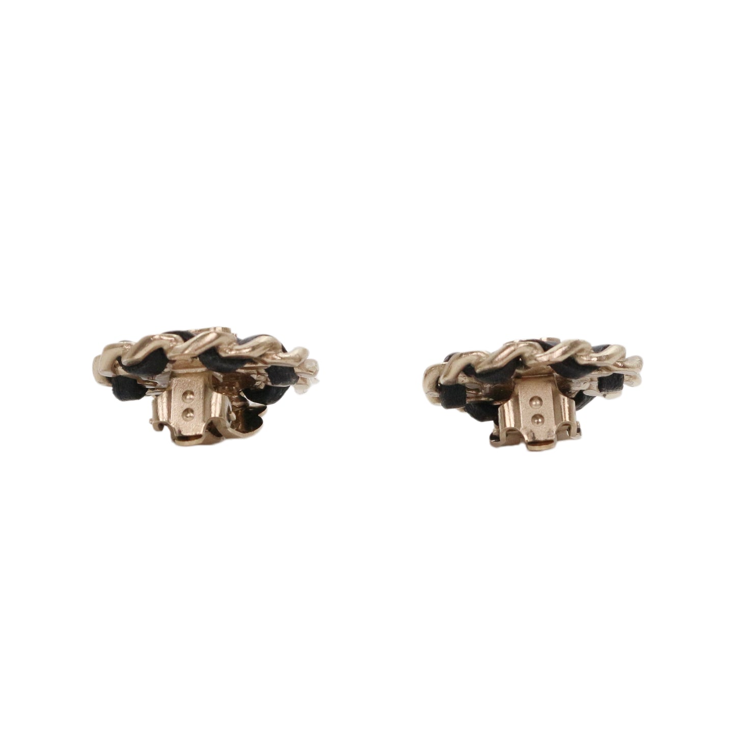 CHANEL Black & Gold Leather-Woven CC Oval Clip-On Earrings [Used]