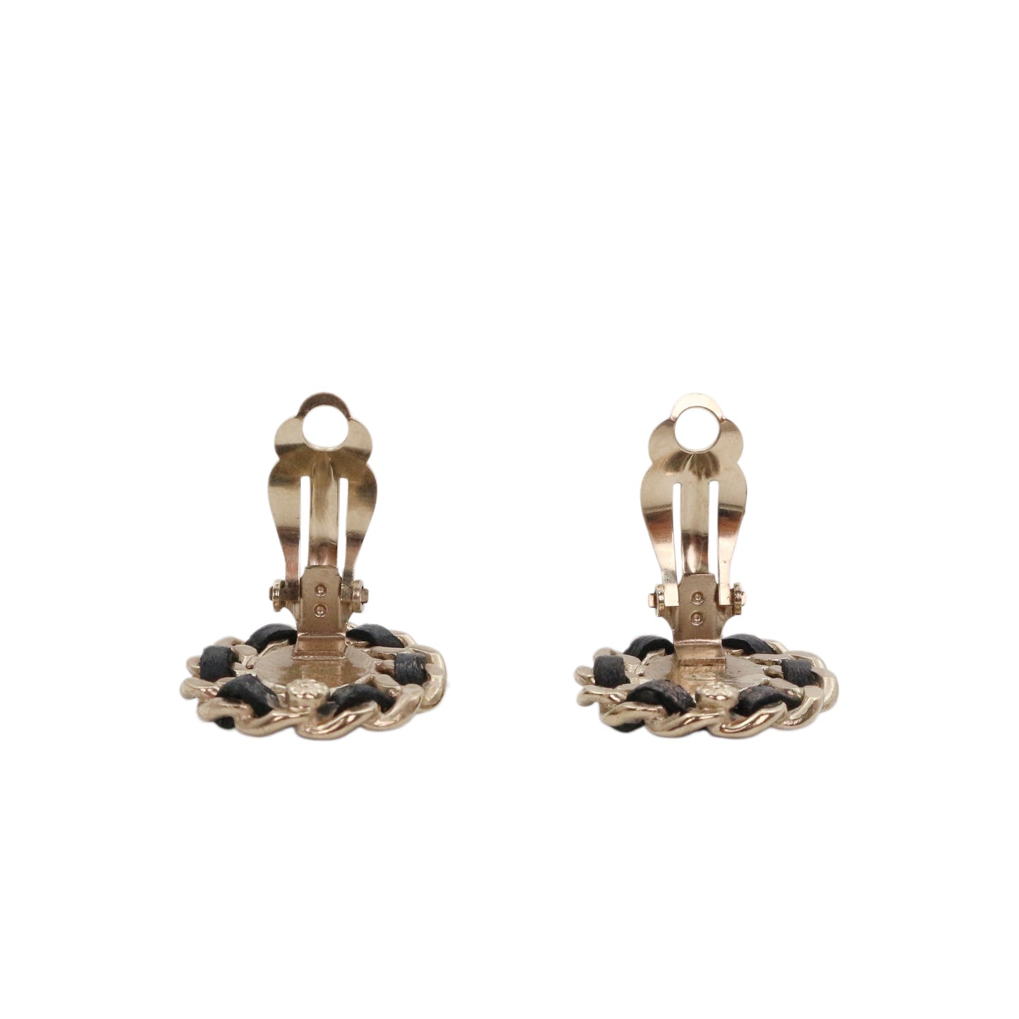 CHANEL Black & Gold Leather-Woven CC Oval Clip-On Earrings [Used]
