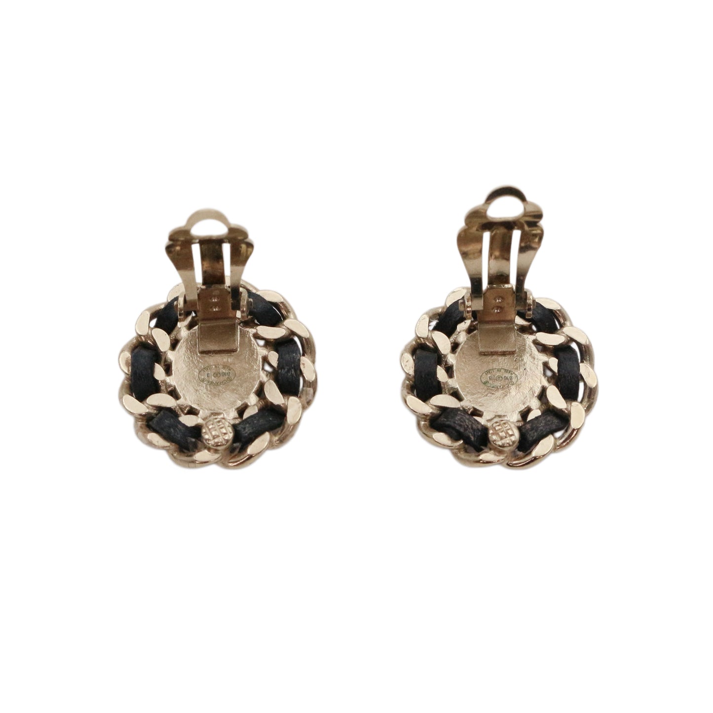 CHANEL Black & Gold Leather-Woven CC Oval Clip-On Earrings [Used]