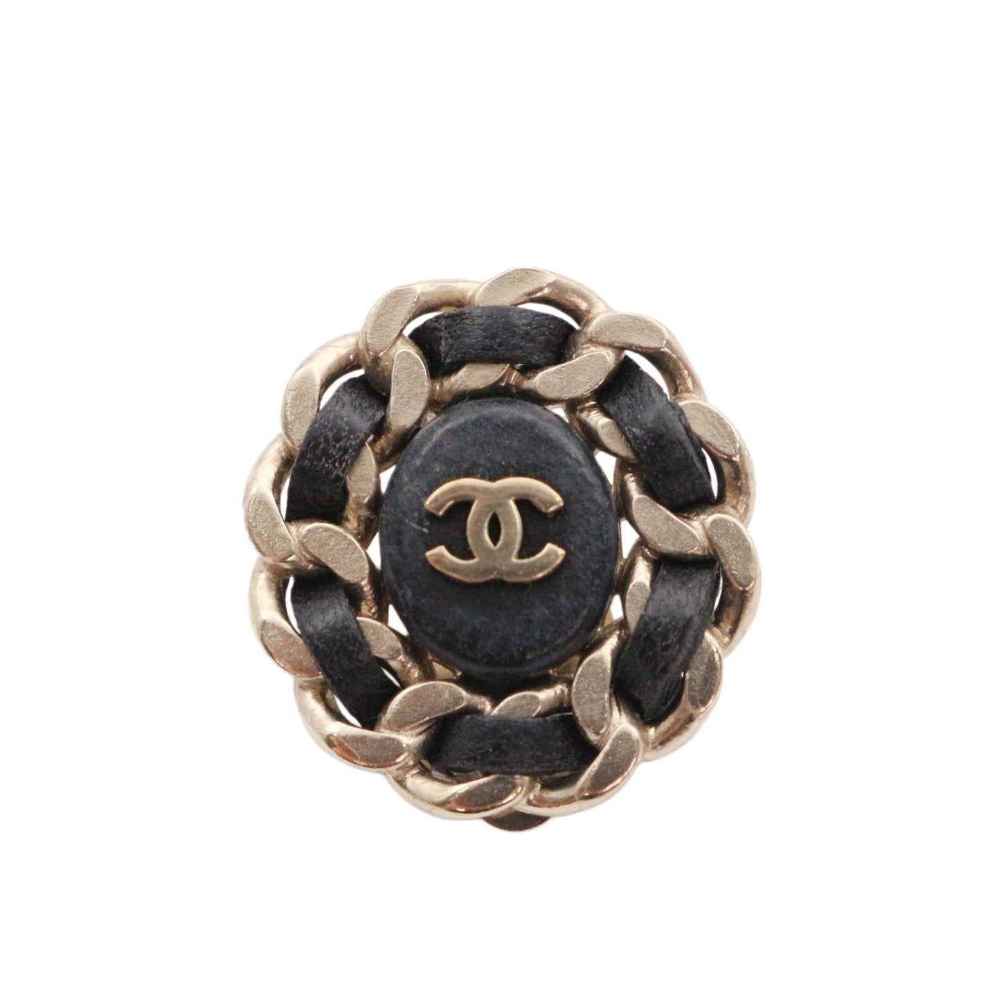 CHANEL Black & Gold Leather-Woven CC Oval Clip-On Earrings [Used]
