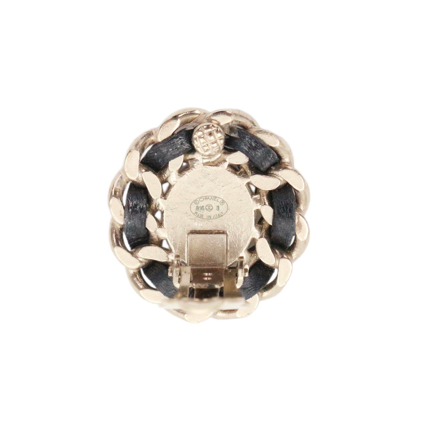 CHANEL Black & Gold Leather-Woven CC Oval Clip-On Earrings [Used]