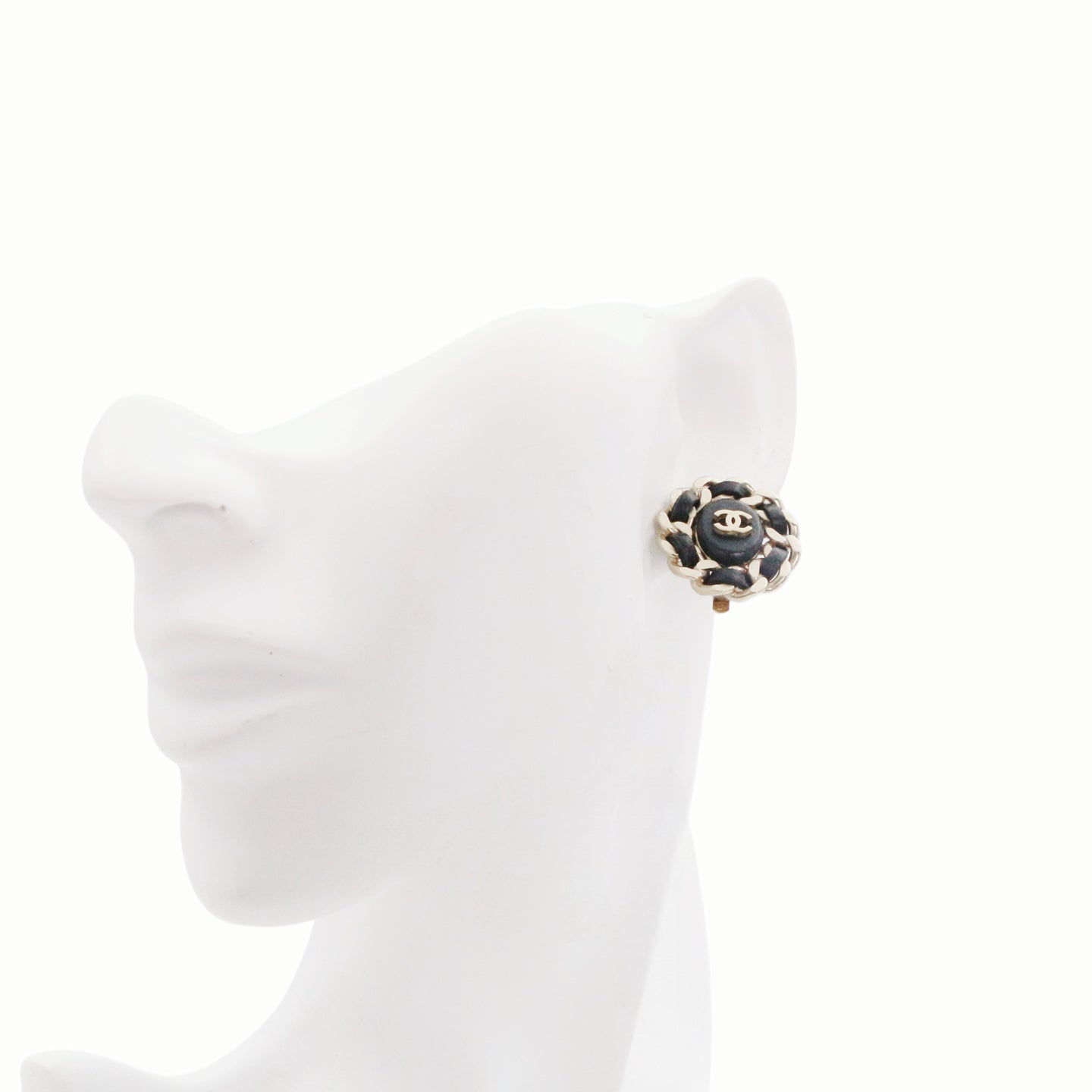 CHANEL Black & Gold Leather-Woven CC Oval Clip-On Earrings [Used]