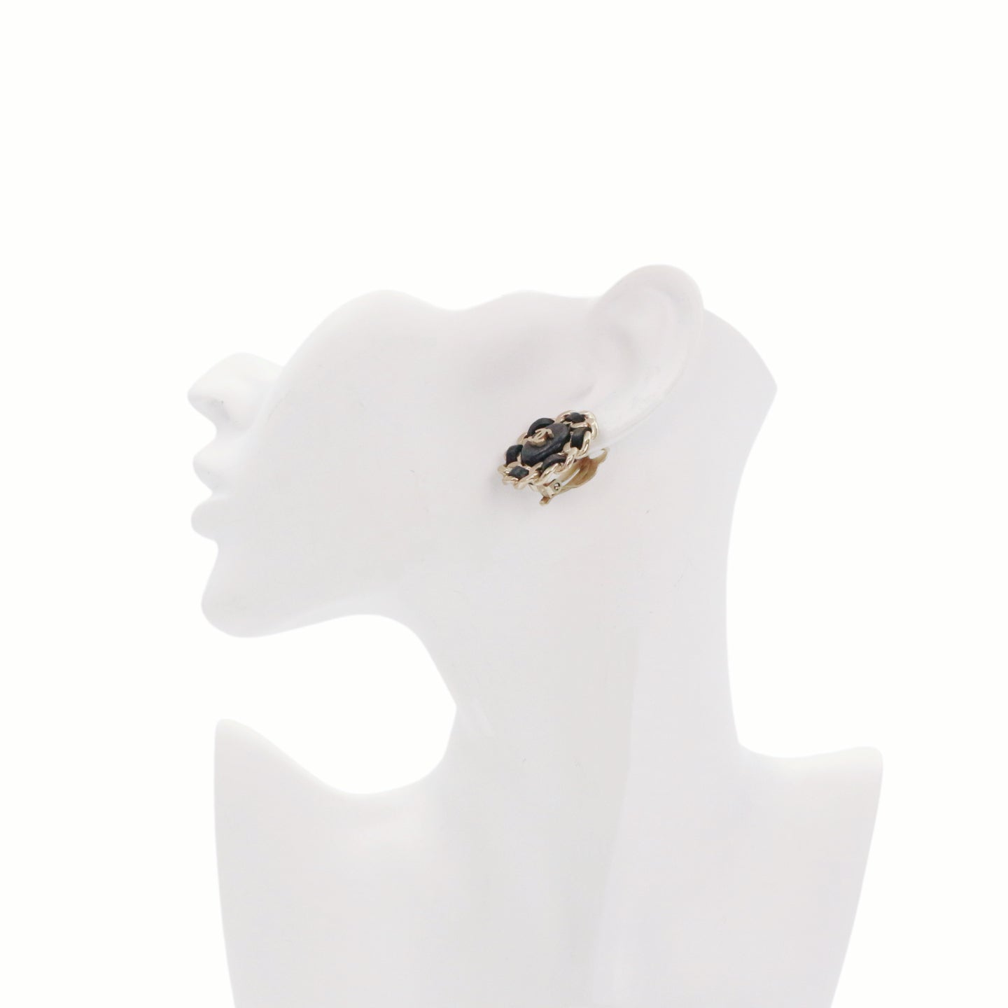 CHANEL Black & Gold Leather-Woven CC Oval Clip-On Earrings [Used]