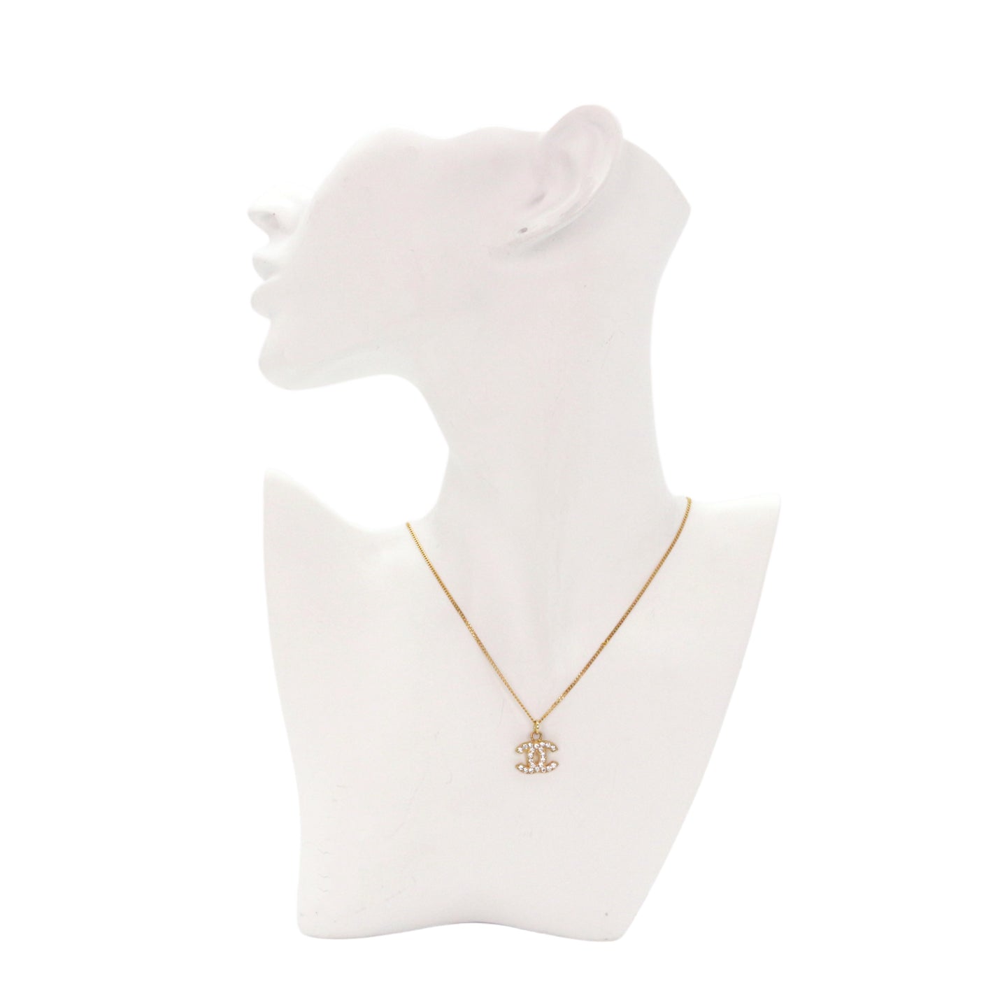 CHANEL Gold Tone Rhinestone CC Pendant Necklace [Used]