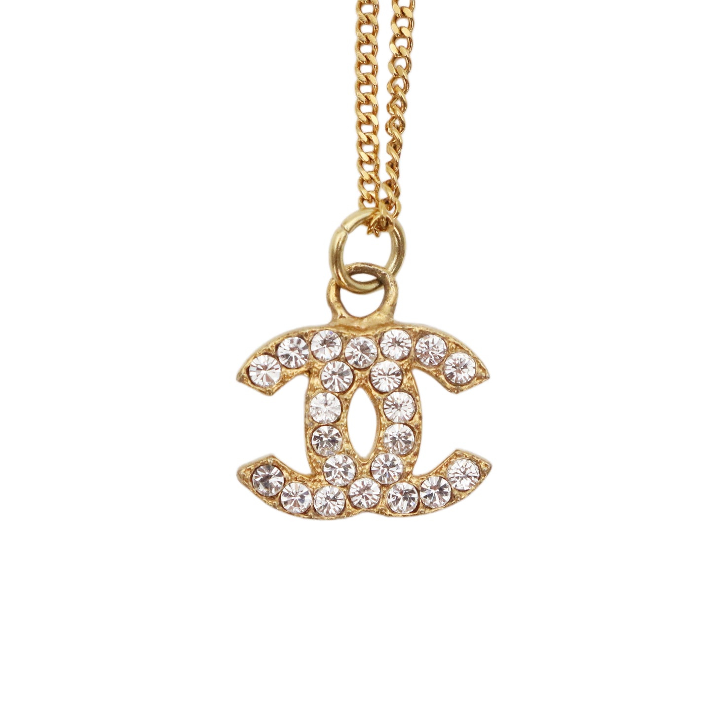 CHANEL Gold Tone Rhinestone CC Pendant Necklace [Used]