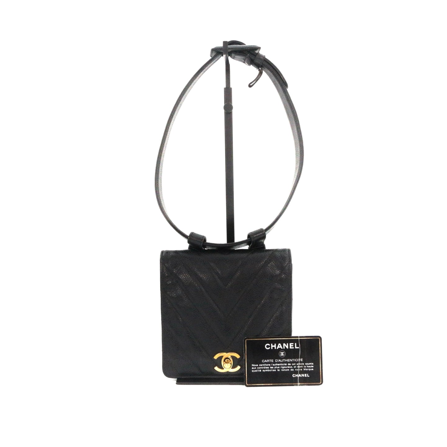 CHANEL Black Caviar Chevron Waist Bag with Gold Hardware [Used]