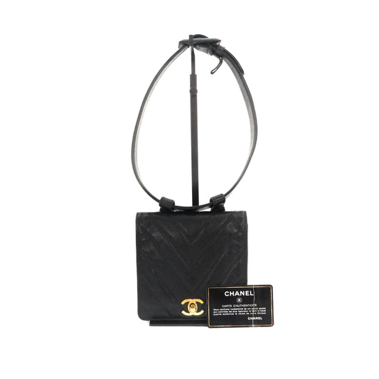 CHANEL Black Caviar Chevron Waist Bag with Gold Hardware [Used]