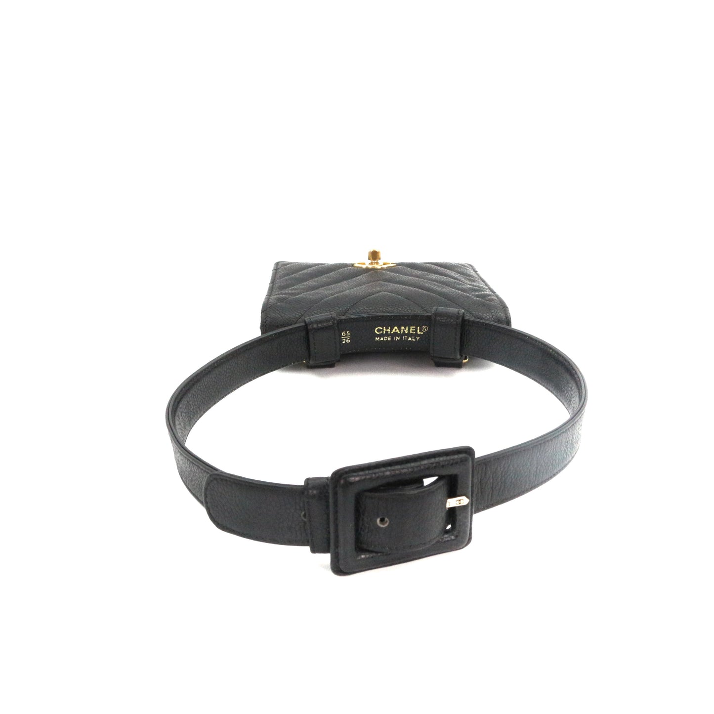 CHANEL Black Caviar Chevron Waist Bag with Gold Hardware [Used]