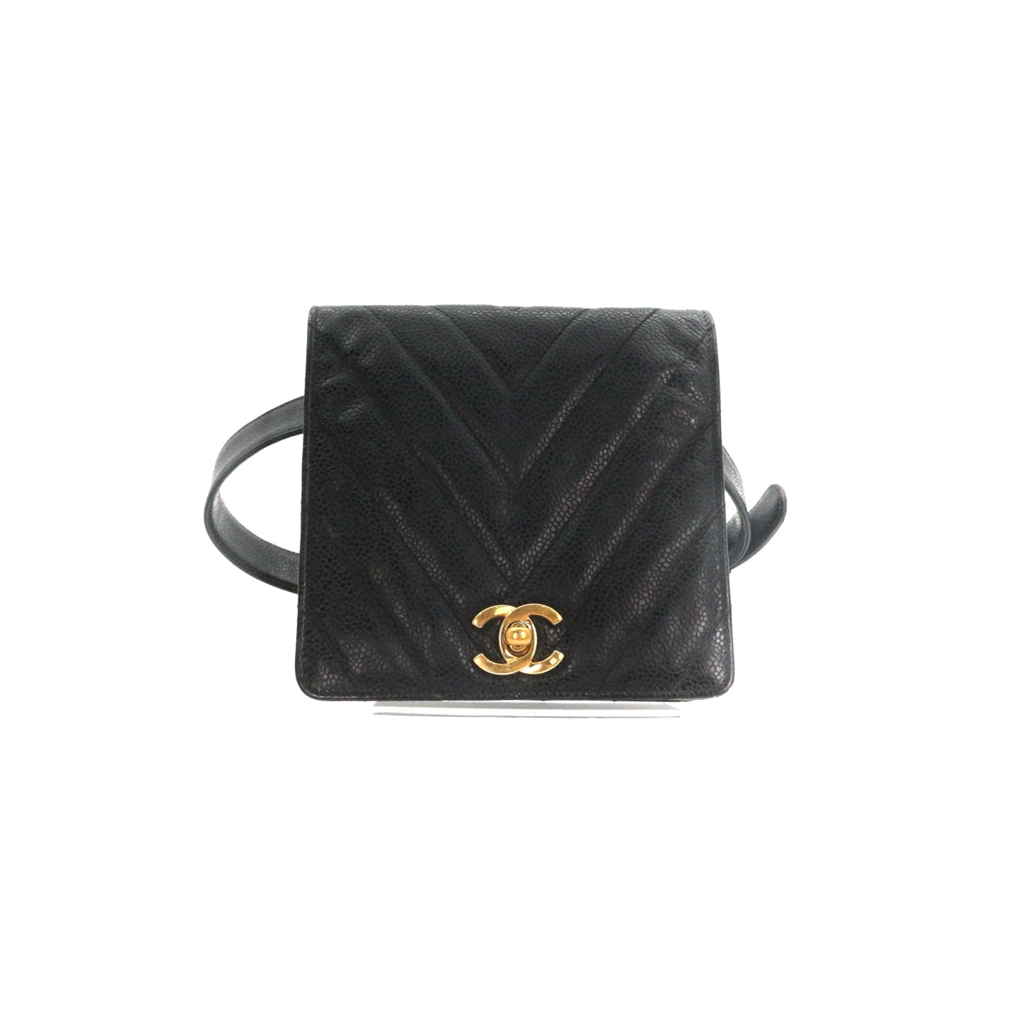 CHANEL Black Caviar Chevron Waist Bag with Gold Hardware [Used]