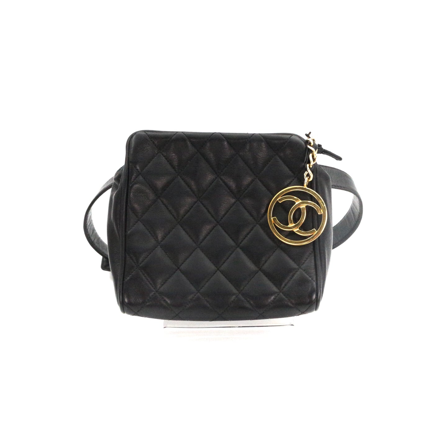 CHANEL Black Lambskin Quilted CC Charm Waist Bag with Gold Hardware [Used]