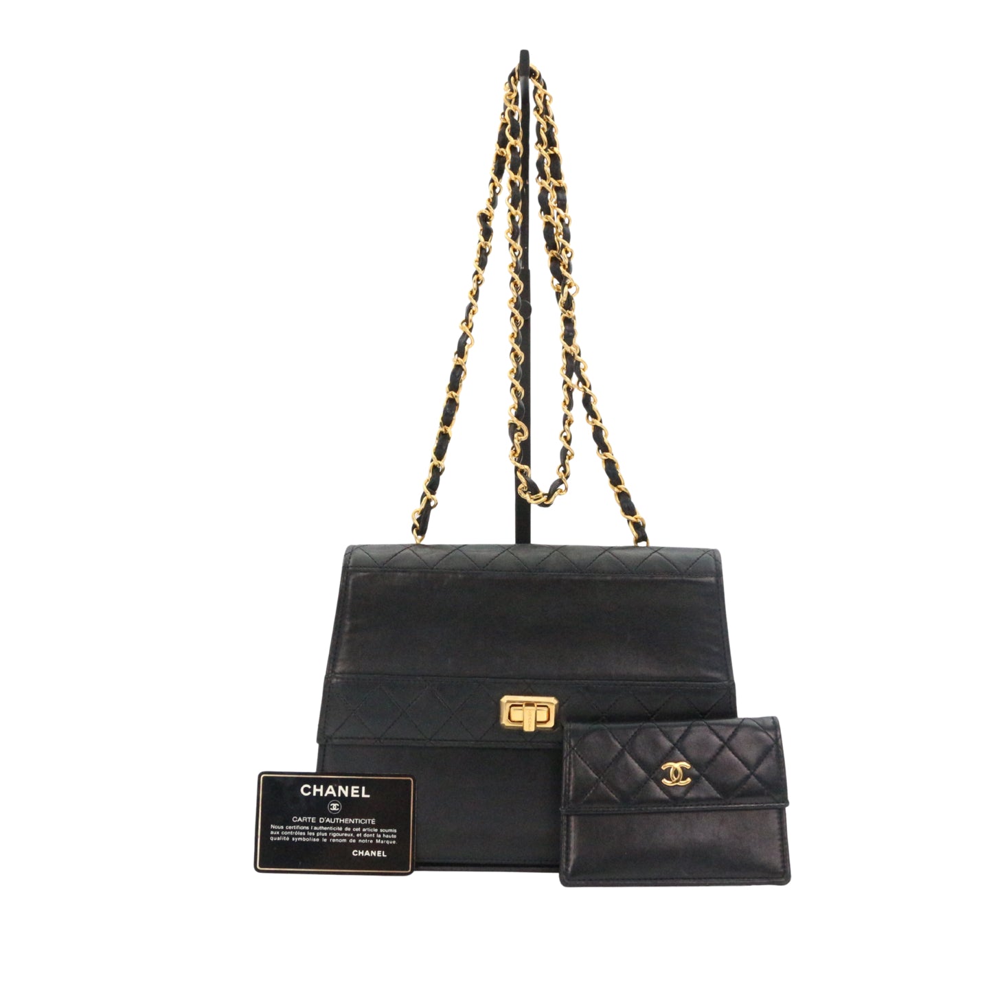 CHANEL Black Lambskin Quilted 2.55 Kelly-Style Chain Shoulder Bag with Card Holder [Used]