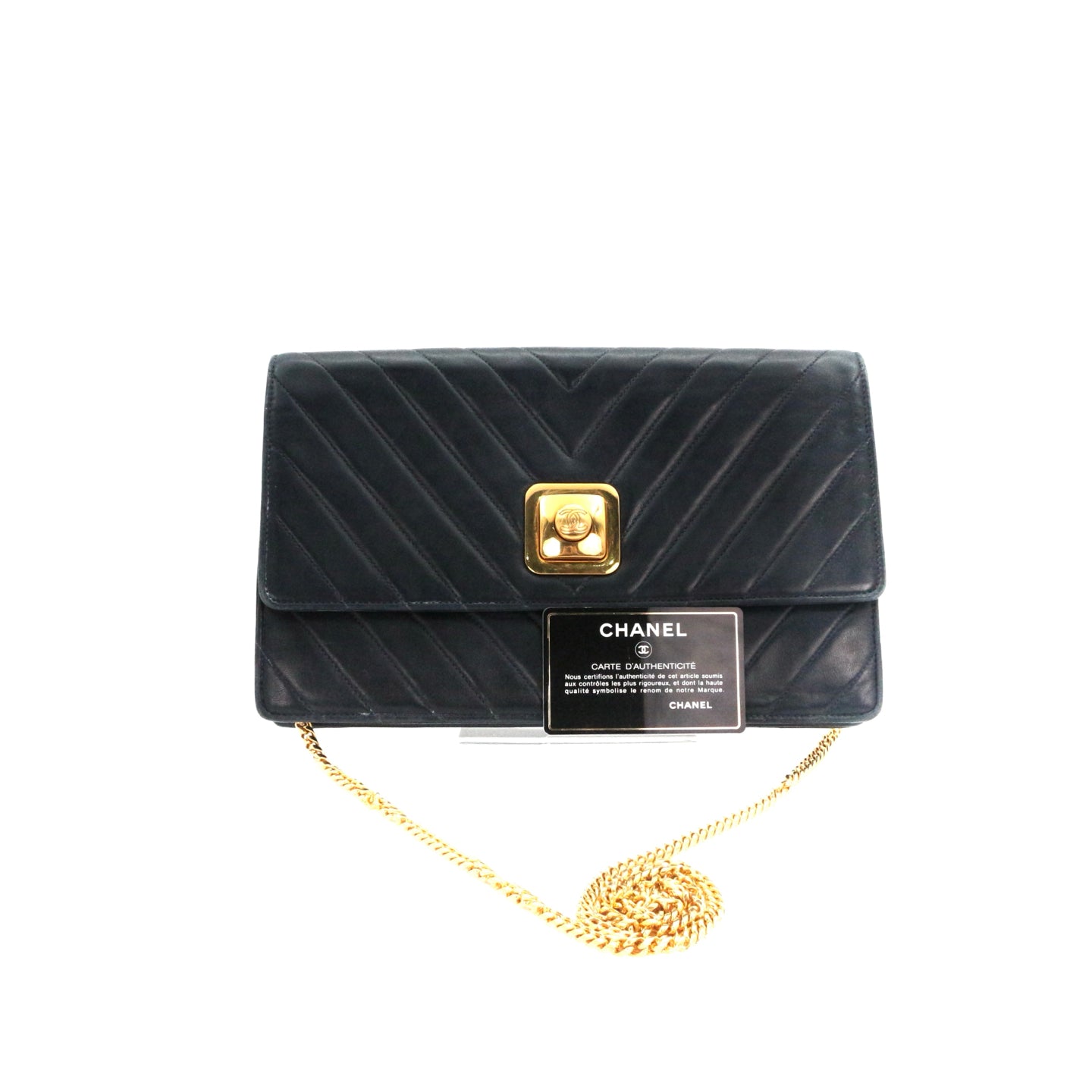 CHANEL Dark Navy Lambskin Chevron Chain Shoulder Bag with Gold Hardware [Used]