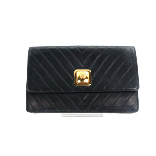 CHANEL Dark Navy Lambskin Chevron Chain Shoulder Bag with Gold Hardware [Used]