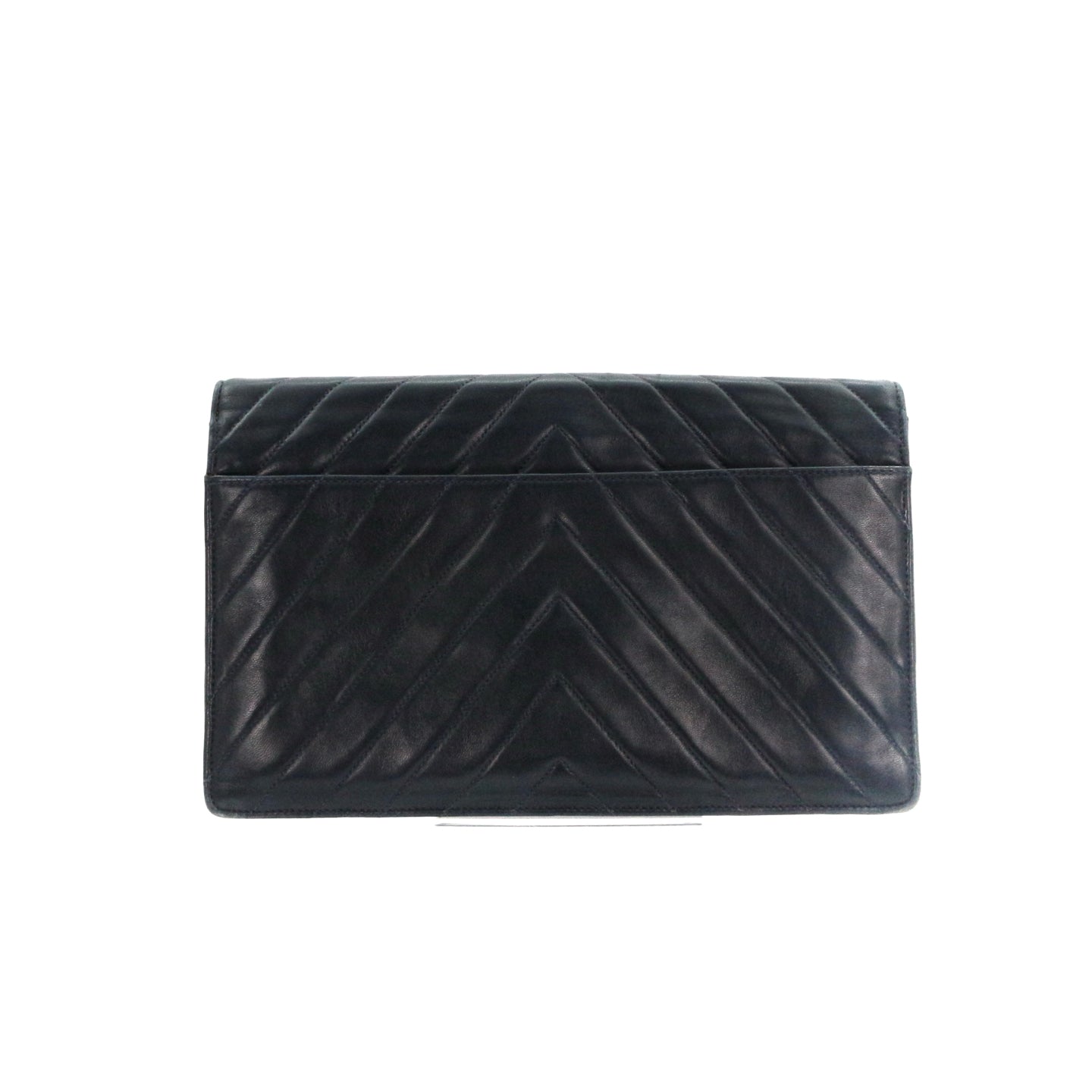 CHANEL Dark Navy Lambskin Chevron Chain Shoulder Bag with Gold Hardware [Used]