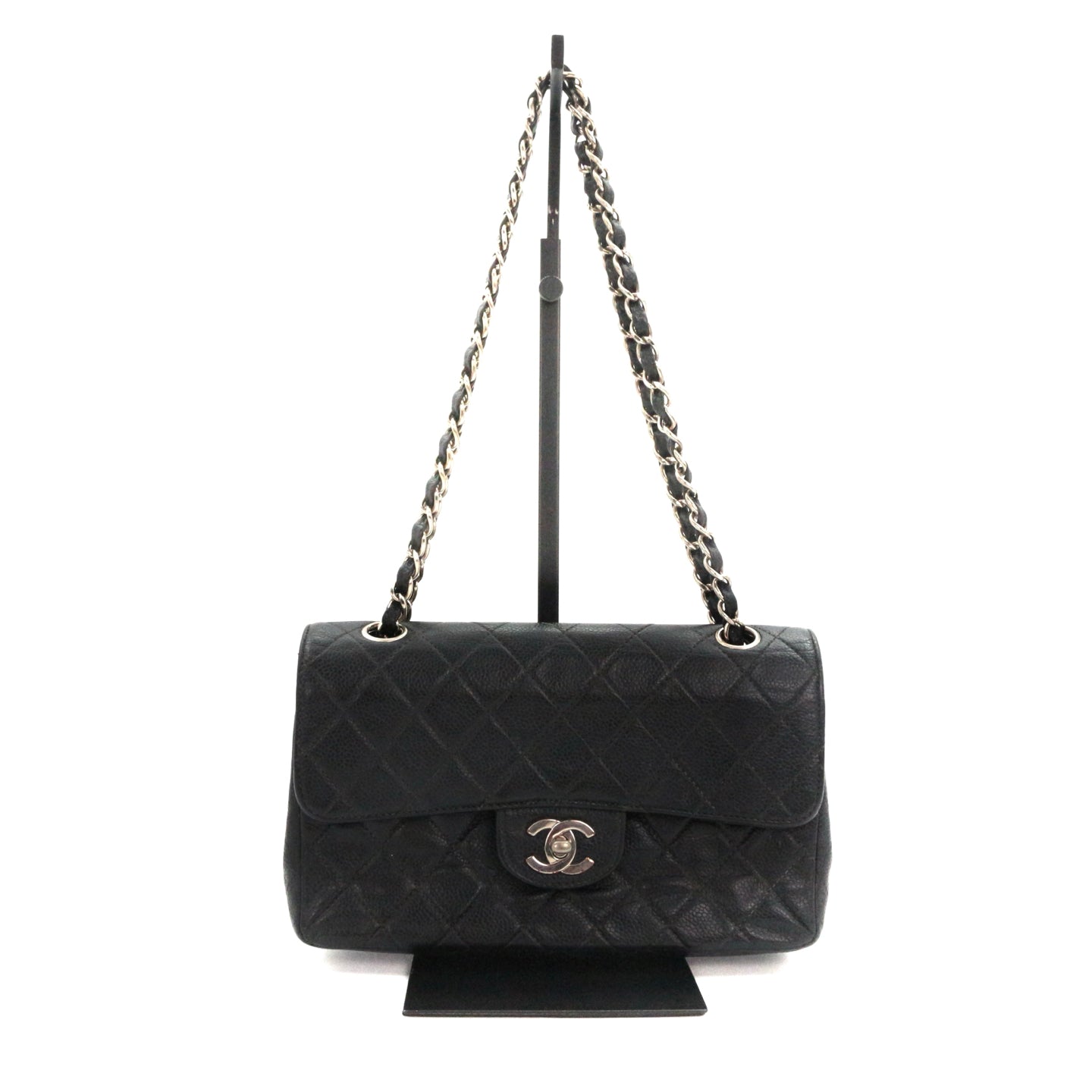 CHANEL Black Caviar Classic Flap 23 Chain Shoulder Bag with Silver Hardware [Used]