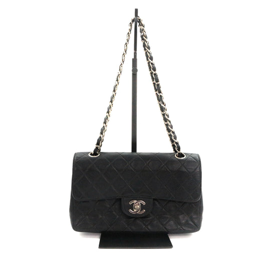 CHANEL Black Caviar Classic Flap 23 Chain Shoulder Bag with Silver Hardware [Used]