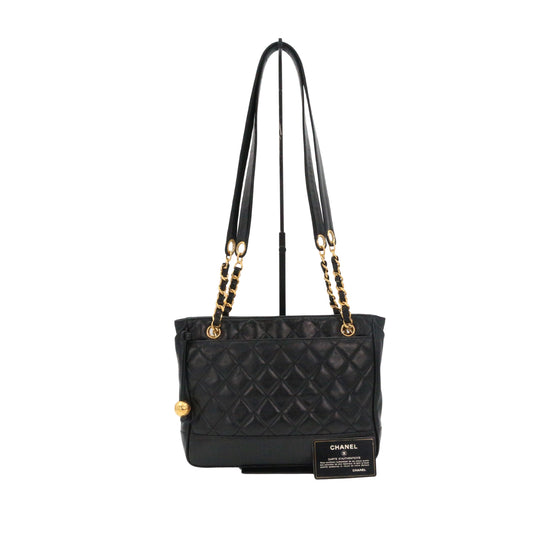 CHANEL Black Lambskin Quilted Golden Ball Tote Shoulder Bag [Used]