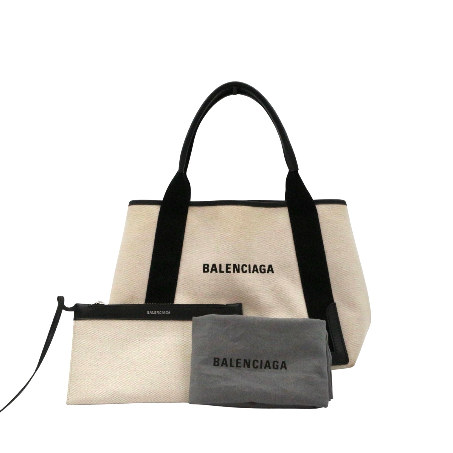 BALENCIAGA Small Navy Cabas Black & White Canvas Tote Bag with Pouch [Used]