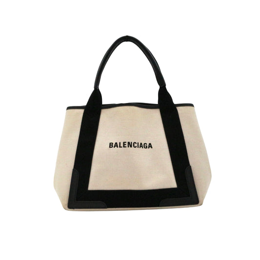 BALENCIAGA Small Navy Cabas Black & White Canvas Tote Bag with Pouch [Used]