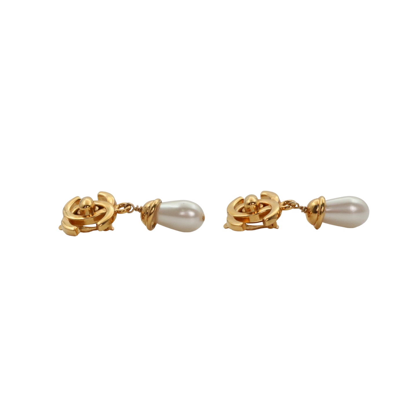 CHANEL Vintage Gold Tone CC Turn-Lock Pearl Drop Clip-On Earrings 96A [Used]