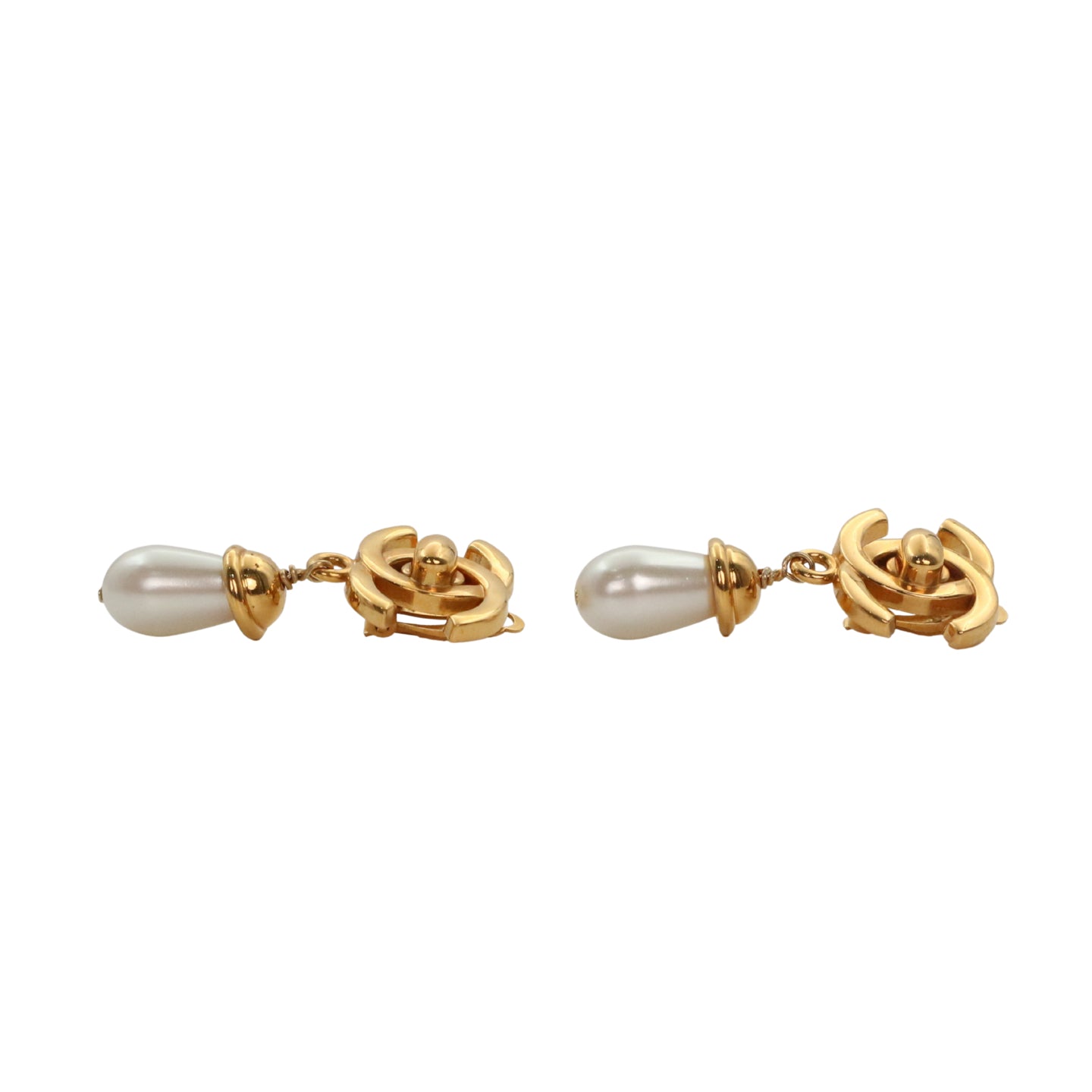 CHANEL Vintage Gold Tone CC Turn-Lock Pearl Drop Clip-On Earrings 96A [Used]