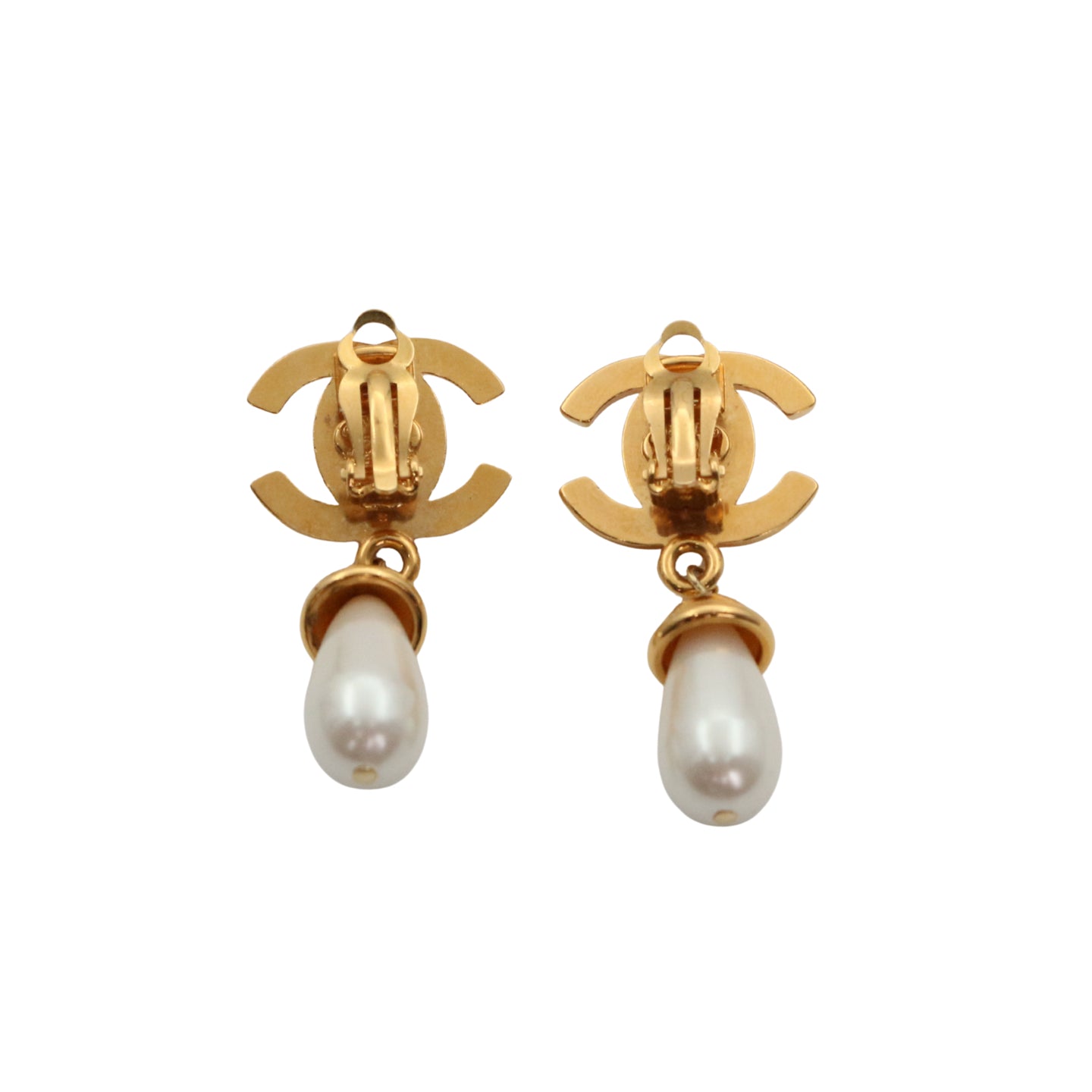 CHANEL Vintage Gold Tone CC Turn-Lock Pearl Drop Clip-On Earrings 96A [Used]