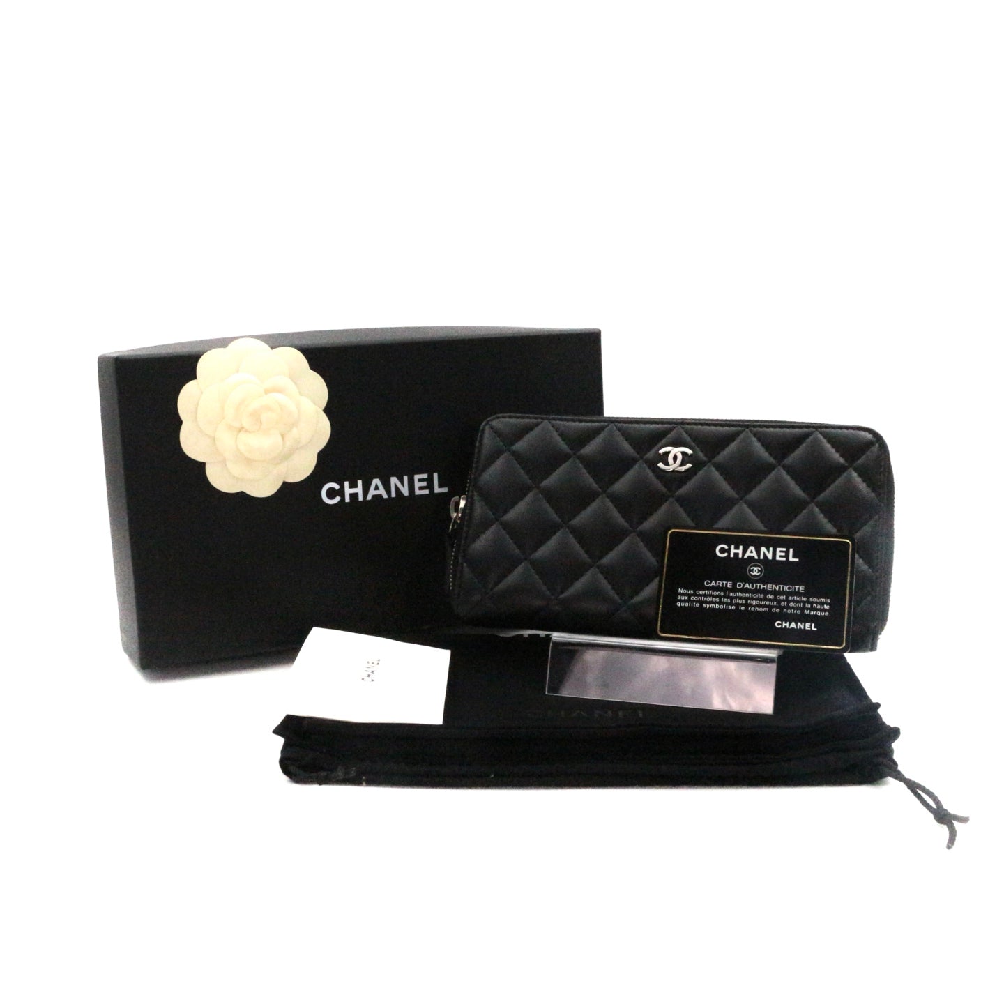 CHANEL Black Quilted Lambskin Zip-Around Long Wallet with Full Set [Used]