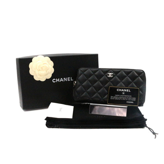 CHANEL Black Quilted Lambskin Zip-Around Long Wallet with Full Set [Used]