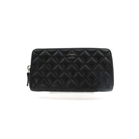 CHANEL Black Quilted Lambskin Zip-Around Long Wallet with Full Set [Used]