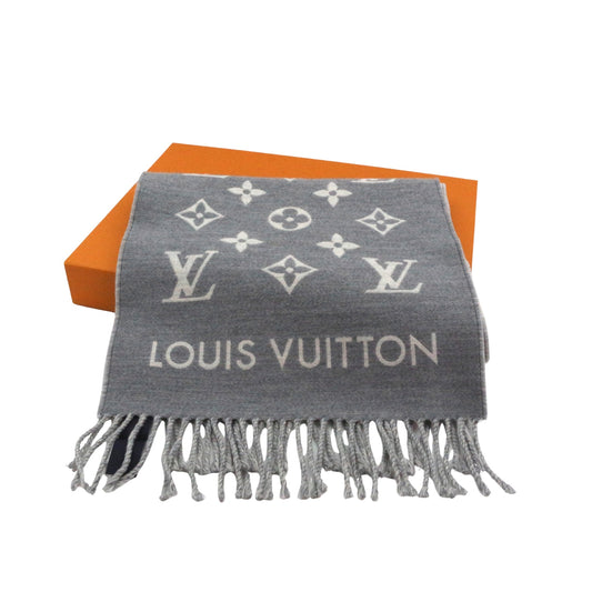 LOUIS VUITTON Grey Monogram Wool Reversible Fringe Scarf [Used]