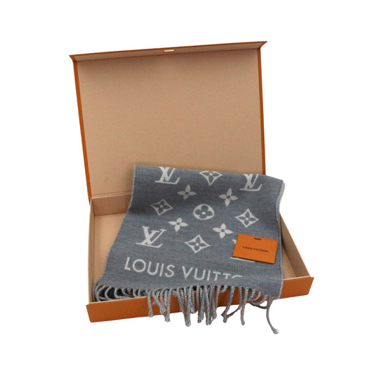 LOUIS VUITTON Grey Monogram Wool Reversible Fringe Scarf [Used]