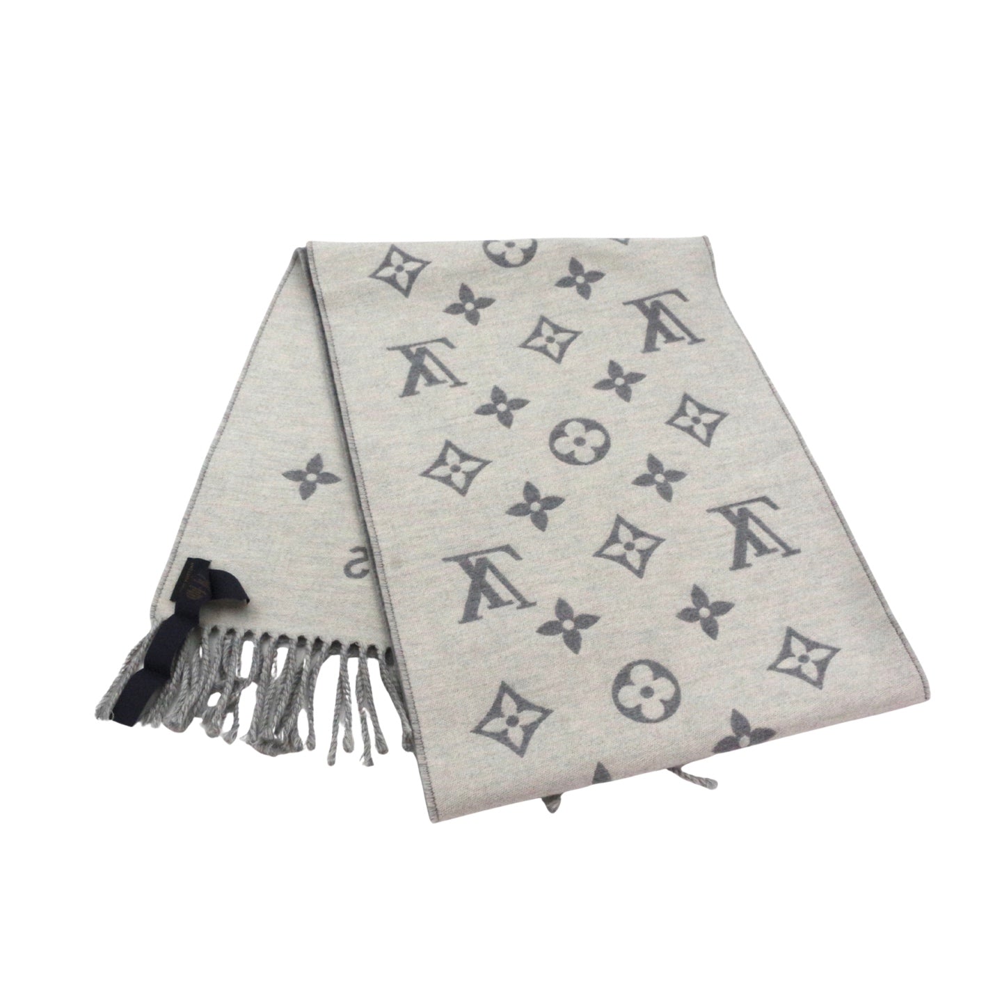 LOUIS VUITTON Grey Monogram Wool Reversible Fringe Scarf [Used]