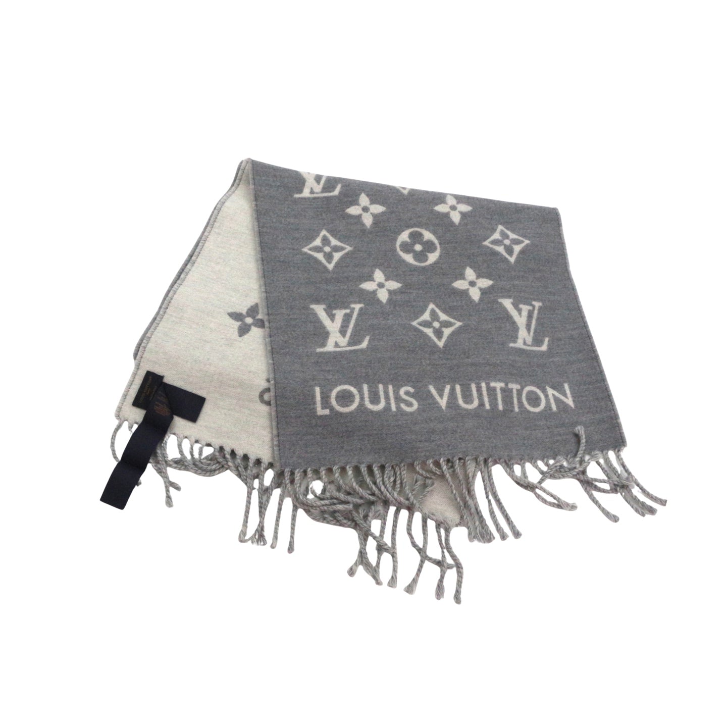 LOUIS VUITTON Grey Monogram Wool Reversible Fringe Scarf [Used]
