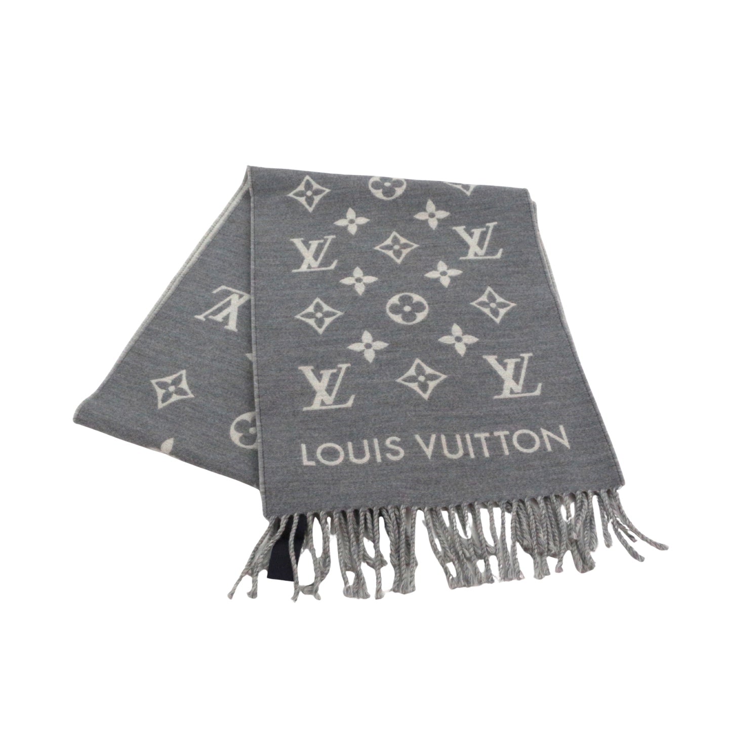 LOUIS VUITTON Grey Monogram Wool Reversible Fringe Scarf [Used]