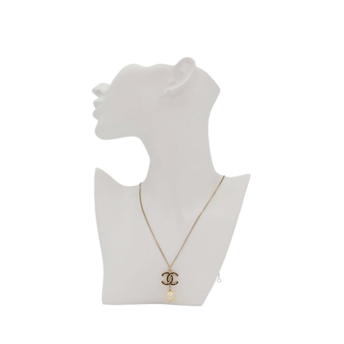 CHANEL B13C Black Enamel Double CC Faux Pearl Pendant Necklace [Used]
