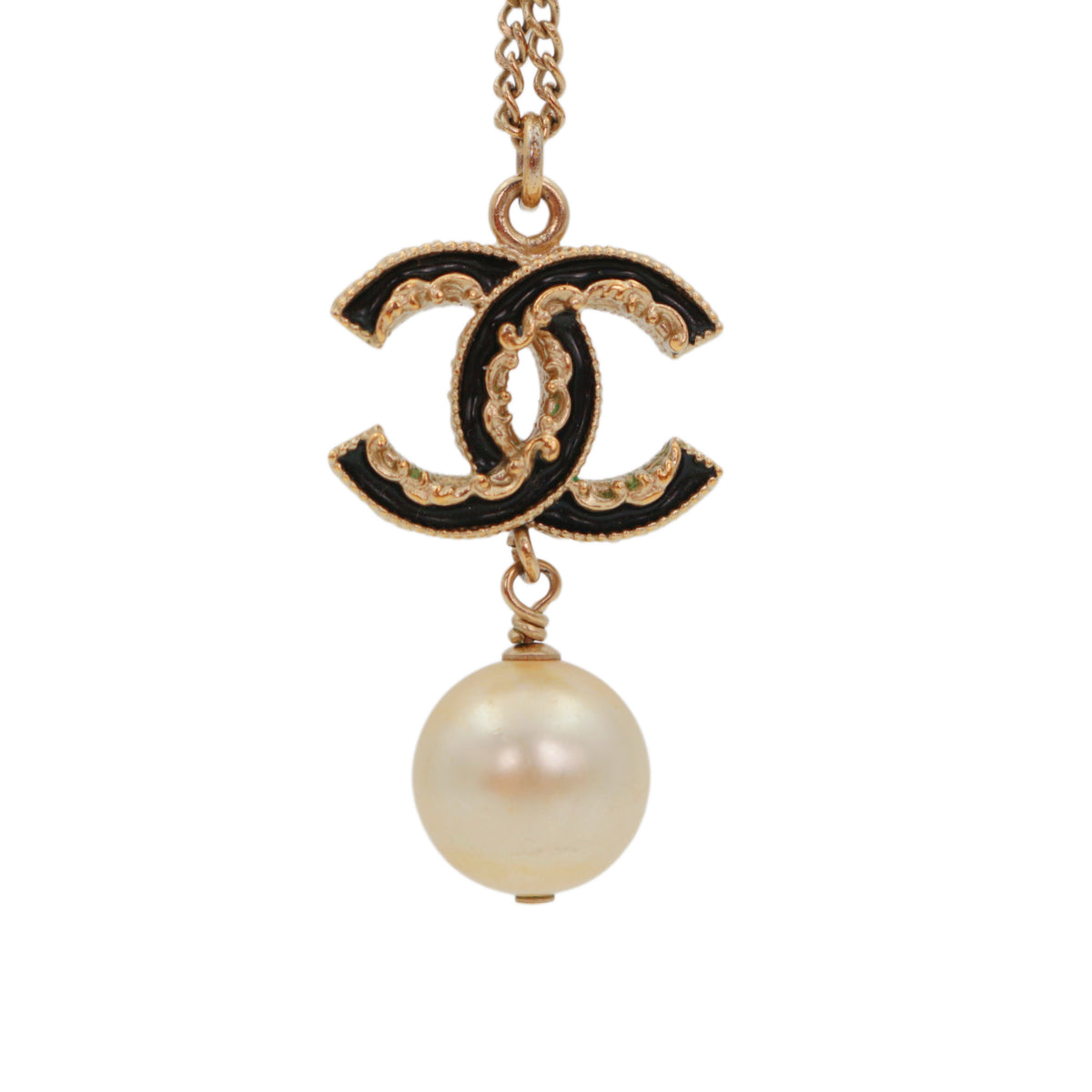 CHANEL B13C Black Enamel Double CC Faux Pearl Pendant Necklace [Used]