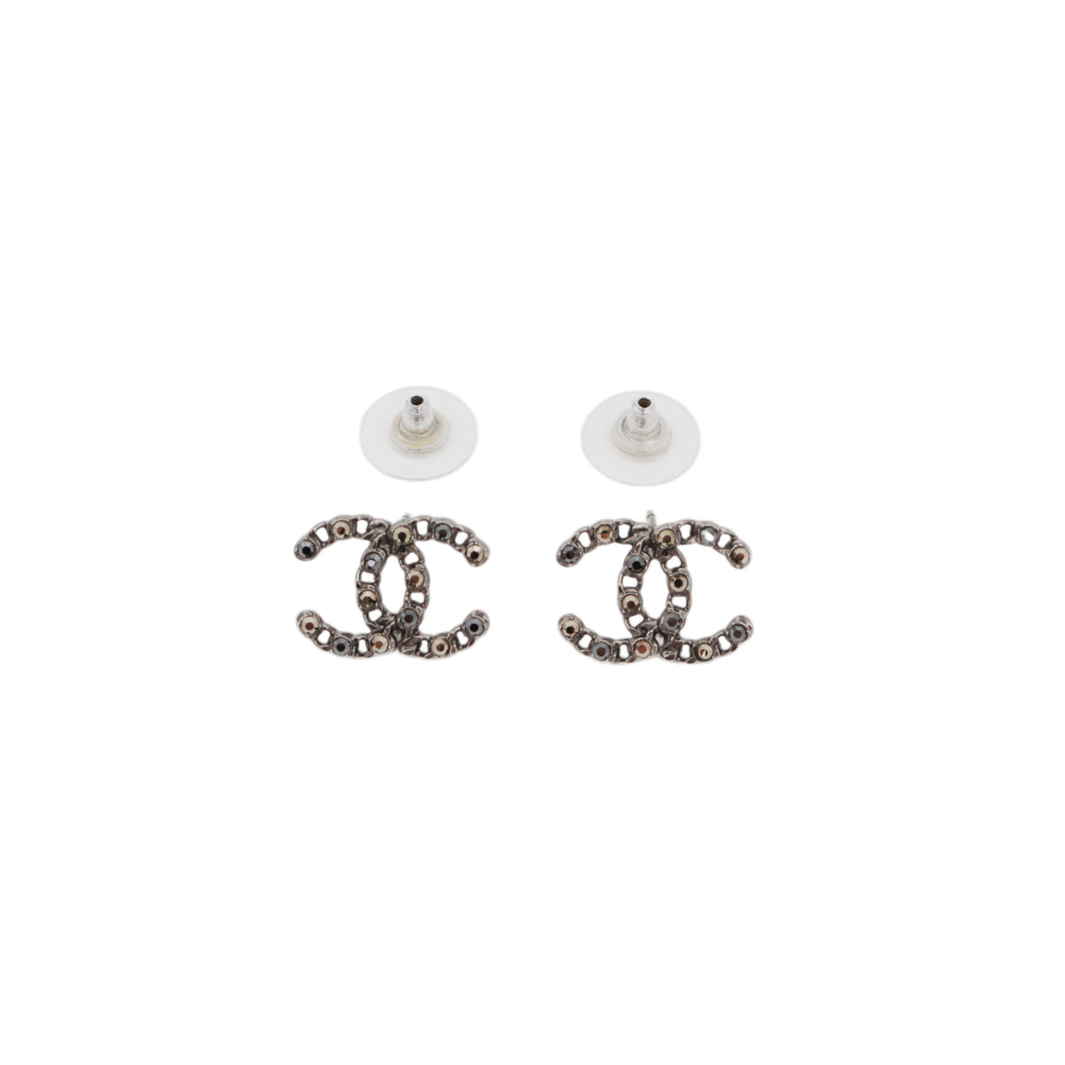 CHANEL F20P Silver Tone Chain Link Rhinestone Double CC Pierced Earrings [Used]