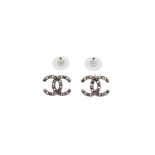 CHANEL F20P Silver Tone Chain Link Rhinestone Double CC Pierced Earrings [Used]