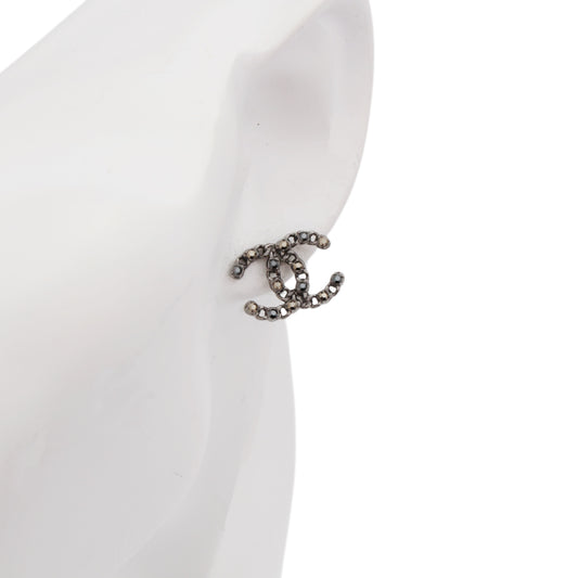 CHANEL F20P Silver Tone Chain Link Rhinestone Double CC Pierced Earrings [Used]